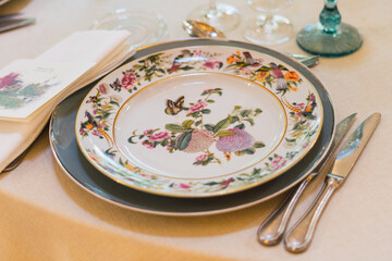 Closeup of a wedding table setting with a beautiful combination