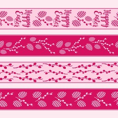 Set of seamless borders with spring easter ornaments and pussy willows and eggs. ribbons