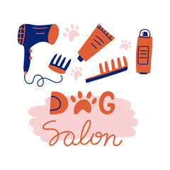 Dog salon hand drawn grooming tools. Vector illustration in doodle style. Pet spa concept.