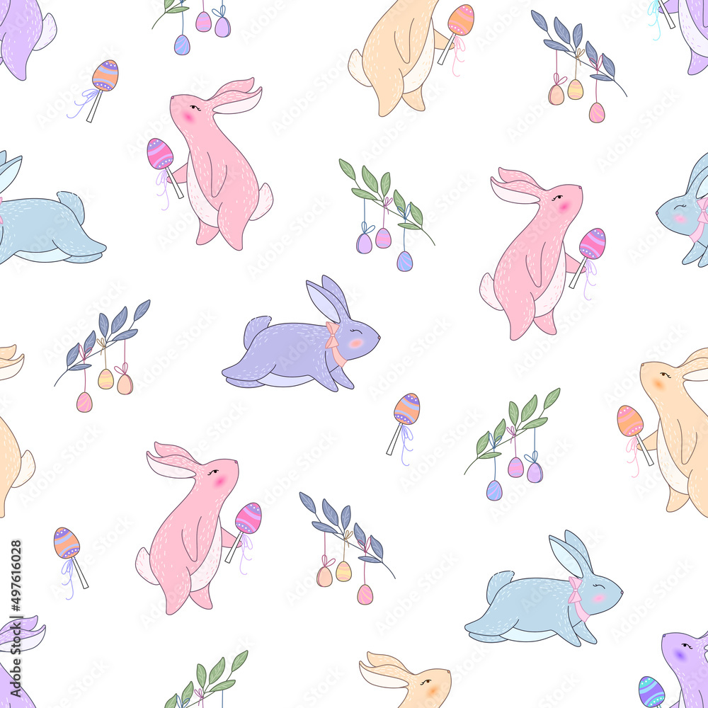 Aufkleber seamless pattern with different easter eggs and rabbit.