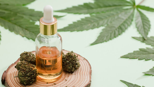Glass dispenser bottle with extract marijuana oil, with green cannabis buds and leaves. green background - Powered by Adobe