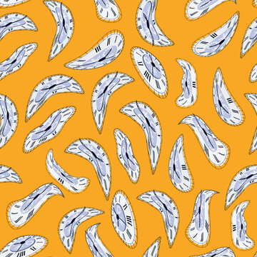 Distorted clock. The symbol of the passing time. Seamless pattern for fabric.