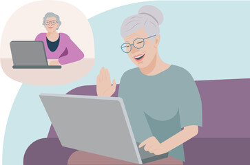 Vector image of happy grandmothers who communicate via video link. Video call. Vector illustration