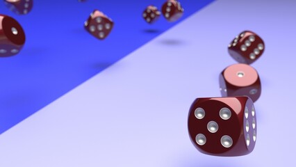 Rolling deep dark red dices on purple and blue planes background. Concept image of statistical probability, gambling activities and decisive battle. 3D CG. 3D illustration.