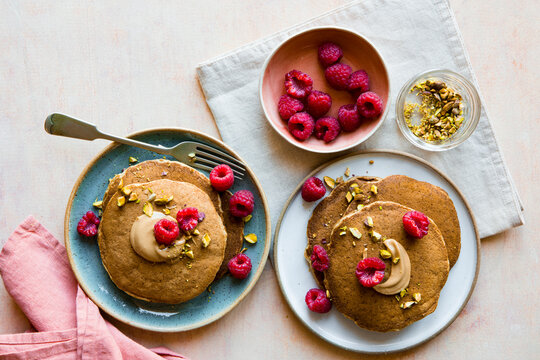 Healthy food breakfast pancakes with raspberry fruit