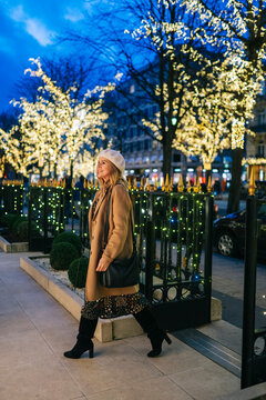 Elegant smiling woman entering gates at winter sunset