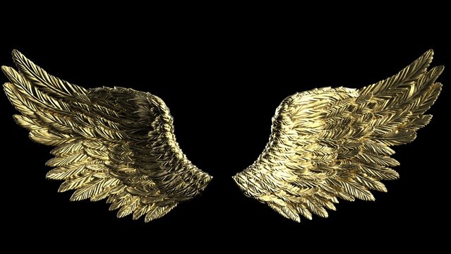 Gold wings under black lighting background. Concept image of free activity, decision without regret and strategic action. 3D CG. 3D illustration.