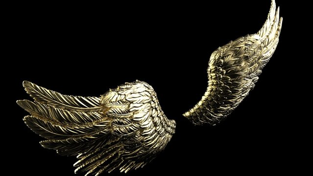 Gold wings under black lighting background. Concept image of free activity, decision without regret and strategic action. 3D CG. 3D illustration.