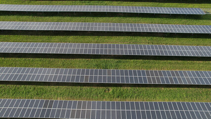erial shot top view of solar panel of solar farm, small power plant generate electrical from solar energy, Green energy concept