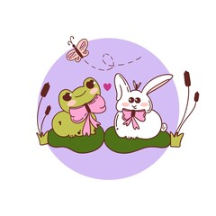 Hand-drawn illustration of a frog and a rabbit