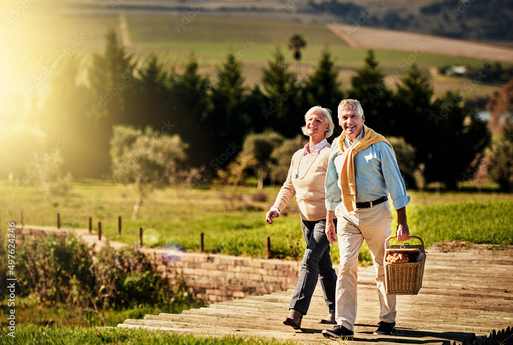 Canvas Prints On a quest to find the perfect picnic spot. Shot of a happy senior couple looking for the perfect picnic spot outside.