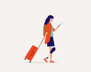 Obraz premium Side View Of A Young Woman With Prosthetic Leg And Protective Face Mask Traveling During COVID-19 Pandemic.