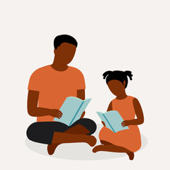 Black Children Sitting On Floor While Reading Book Together.