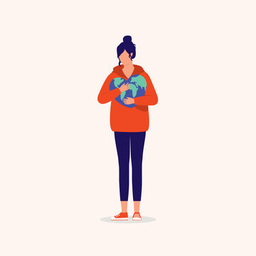 Love The Earth Concept. Young Woman Hugging A Heart Shape Planet Earth.