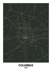 Poster Columbus - Ohio map. Road map. Illustration of Columbus - Ohio streets. Transportation network. Printable poster format.