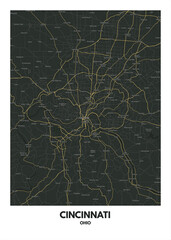 Poster Cincinnati - Ohio map. Road map. Illustration of Cincinnati - Ohio streets. Transportation network. Printable poster format.