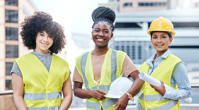 Supporting greater diversity to ensure the greatest success. Portrait of a group of confident young businesswomen working at a construction site.