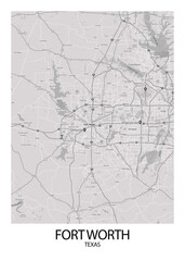 Poster Fort Worth - Texas map. Road map. Illustration of Fort Worth - Texas streets. Transportation network. Printable poster format.