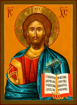 Traditional icon of Jesus Christ painted in the orthodox style, tempera and gold leaf on wood panel.