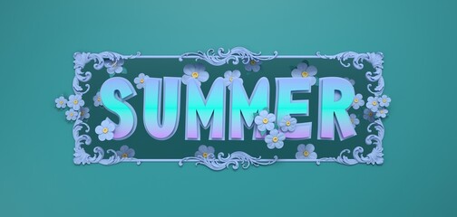 Summer, forget-me-nots, font. Cut gradient letters with blue paper flowers in a frame on a dark green background. Fashionable typographic design of cartoon poster. Origami. Realistic 3d illustration