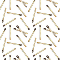 Watercolor illustration of a pattern of placer matches abstraction. Get the flame. Light the fire. Burnt wooden stick. Hand drawn doodles. isolated on white background. Drawn by hand.