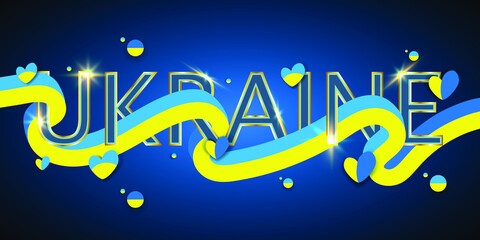 Ukraine golden lettering with hearts. Ukraine flag praying concept background. Pray for Ukraine. Abstract yellow and blue lines vector illustration.