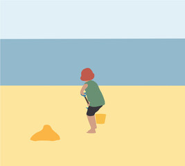 Boy playing sand at the beach with sand tools. Vector Illustration Small child enjoying vacation by the sea or ocean. Travelling with kids