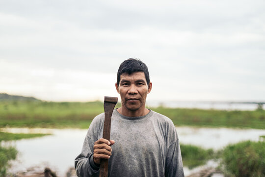 Peruvian man in the amazon river