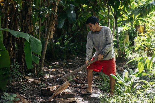 Peruvian man chopping firewood in the jungle