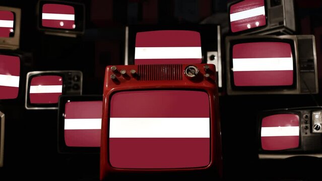 Flag of Latvia and Vintage Televisions. 4K Resolution.