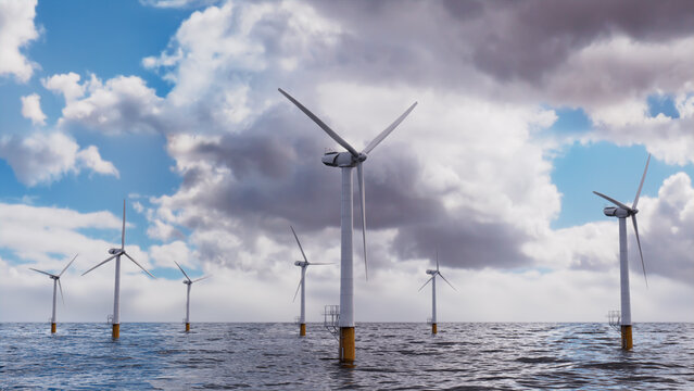 Wind Turbines. Offshore Wind Farm on a Cloudy Afternoon. Clean Energy Concept.