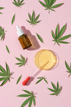 Cannabis face serum or oil dropper concept and hemp leaves on beige background. 