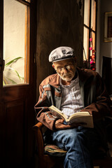 Elderly man in a cap and glasses reading a book by a door window.