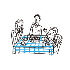 家族で食事をするイラスト　朝ご飯　パン　4人家族