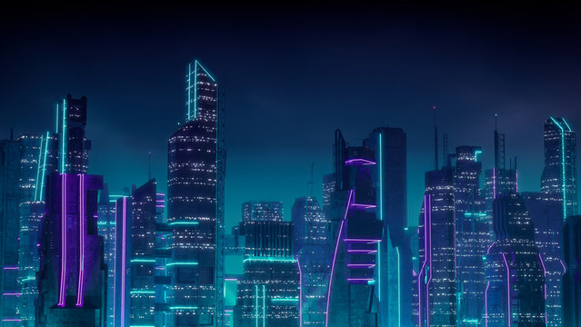 Cyberpunk City Skyline with Purple and Cyan Neon lights. Night scene with Visionary Superstructures.