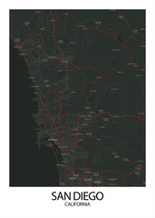 Poster San Diego - California map. Road map. Illustration of San Diego - California streets. Transportation network. Printable poster format.