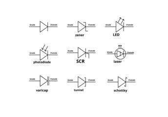 outline Various symbols of Diode set isolated on white background