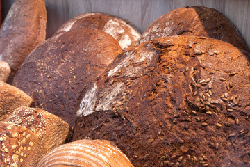 Assortment of baked bread in a bakery