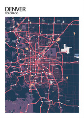 Poster Denver - Colorado map. Road map. Illustration of Denver - Colorado streets. Transportation network. Printable poster format.