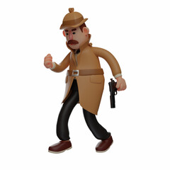A Professional 3D Detective Cartoon Illustration having a gun