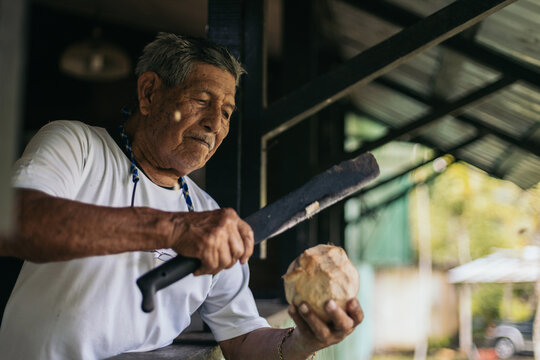 Senior local man cutting a coconut with a machete