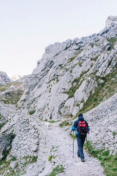 Man and dog walking on footpath on rocky ridge