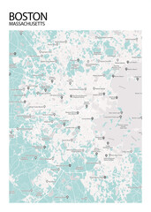 Poster Boston - Massachusetts map. Road map. Illustration of Boston - Massachusetts streets. Transportation network. Printable poster format.