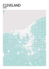 Poster Cleveland - Ohio map. Road map. Illustration of Cleveland - Ohio streets. Transportation network. Printable poster format.