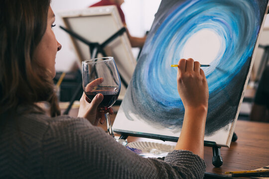 Painting: Woman Drinking Wine And Painting During Class