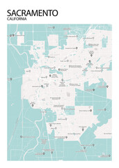 Poster Sacramento - California map. Road map. Illustration of Sacramento - California streets. Transportation network. Printable poster format.