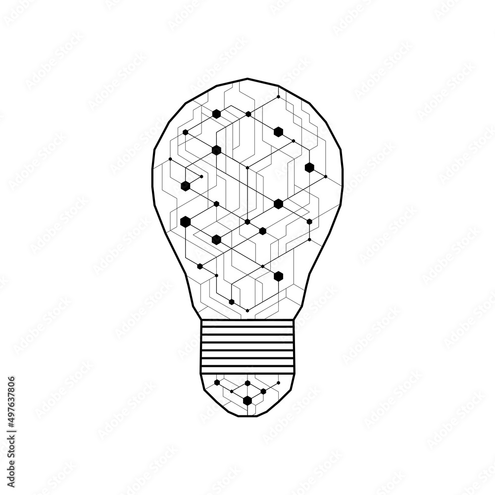 Poster dot circuit board light bulb simple design. artificial intelligence concept.
