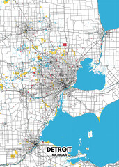 Poster Detroit - Michigan map. Road map. Illustration of Detroit - Michigan streets. Transportation network. Printable poster format.