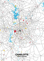 Poster Charlotte - North Carolina map. Road map. Illustration of Charlotte - North Carolina streets. Transportation network. Printable poster format.
