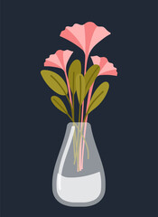 Flowers in vase. Pink plants and petals in water. Love for floristry and elements of comfort and coziness in apartment or house. Romantic sticker for social media. Cartoon flat vector illustration